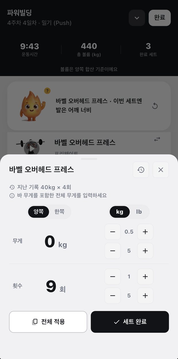 무게를 입력하고 지난 기록을 보는 화면